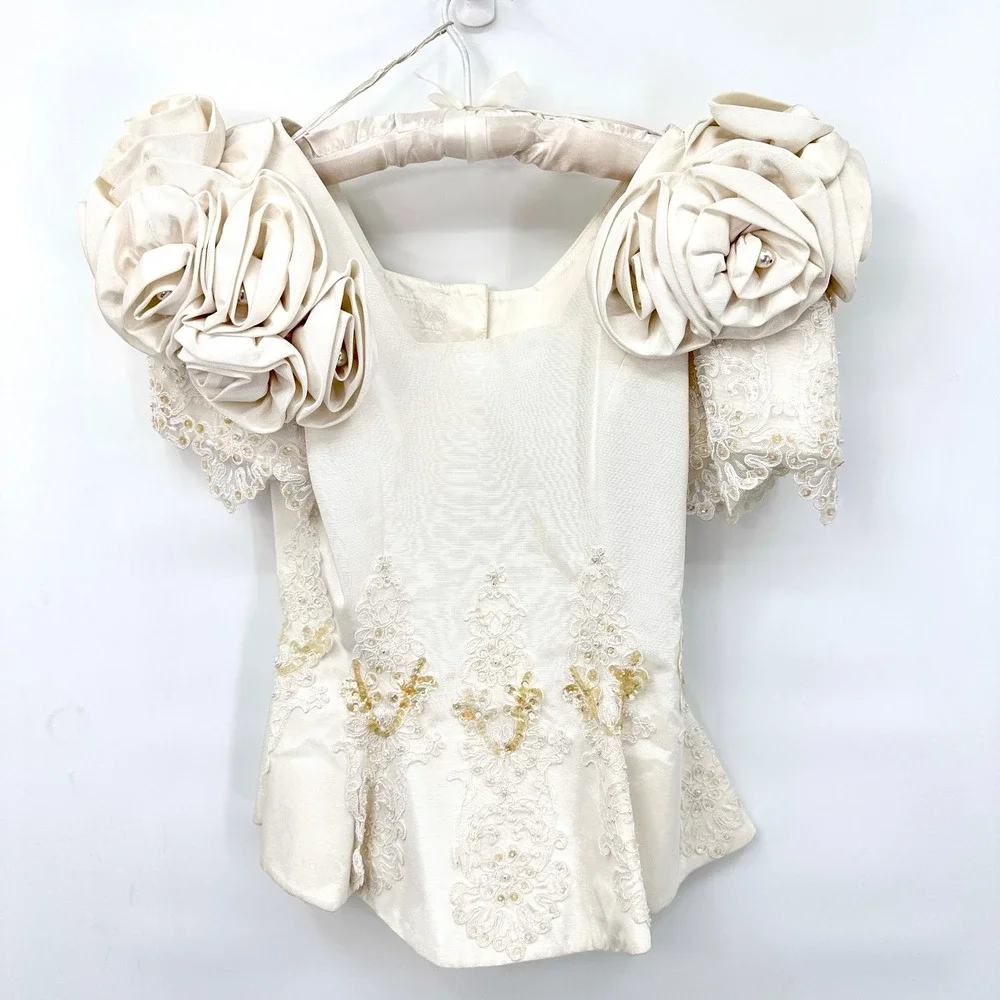 Vintage 80s Ivory Wedding Bridal Suit Set M Rosette Shoulder Lace Beaded‎